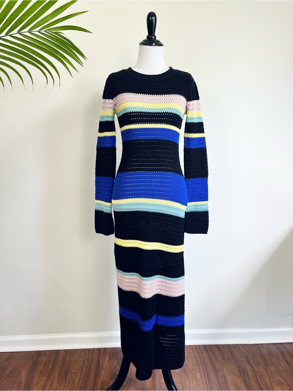 Spiritual Gangster Striped Crochet Long Sleeve Knit Maxi Dress in Multicolor